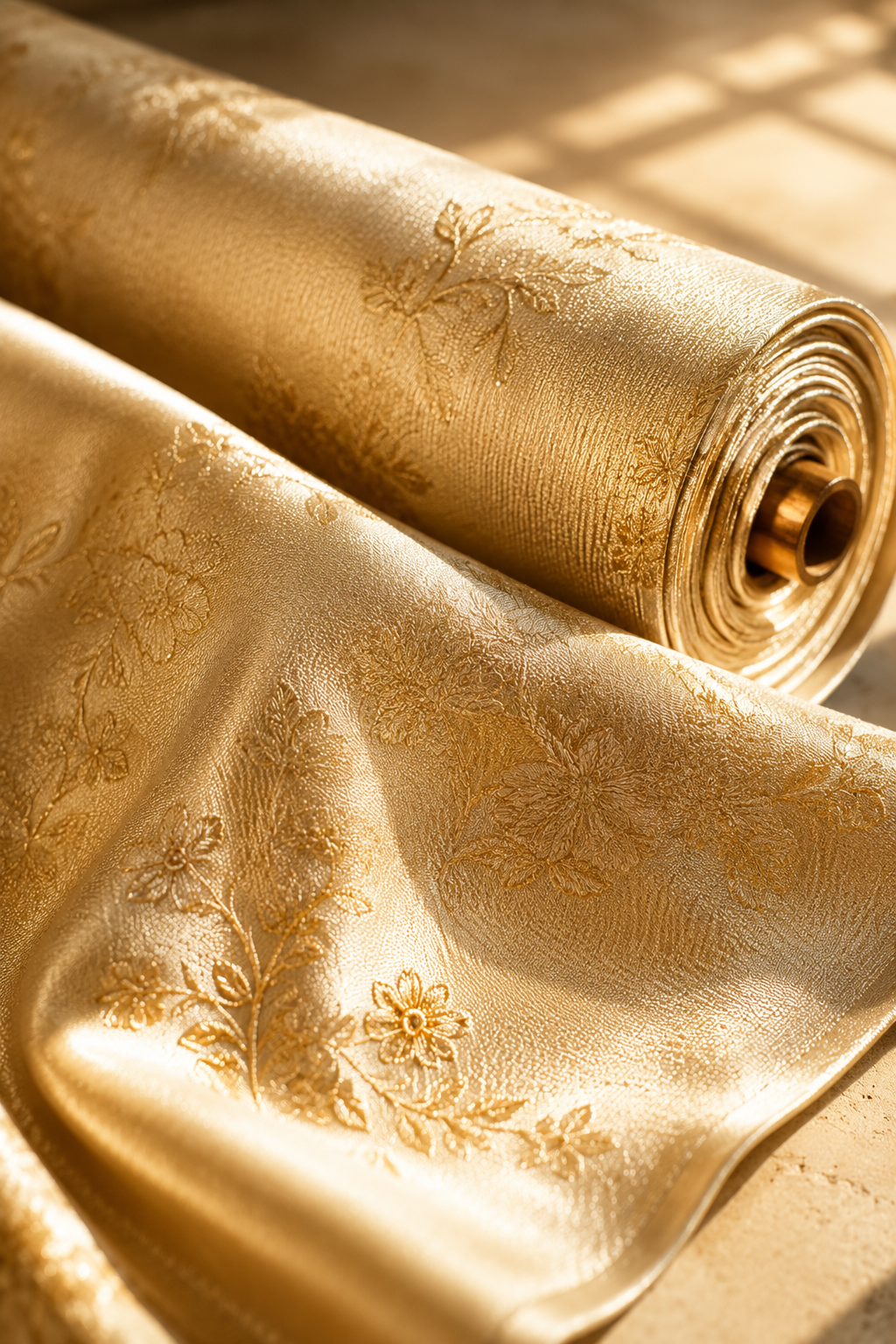 Premium Banarasi silk fabric in warm ivory and gold tones, the foundation of every sacred creation